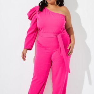 Puff Sleeve One Shoulder Jumpsuit- 22/24-Fuchsia